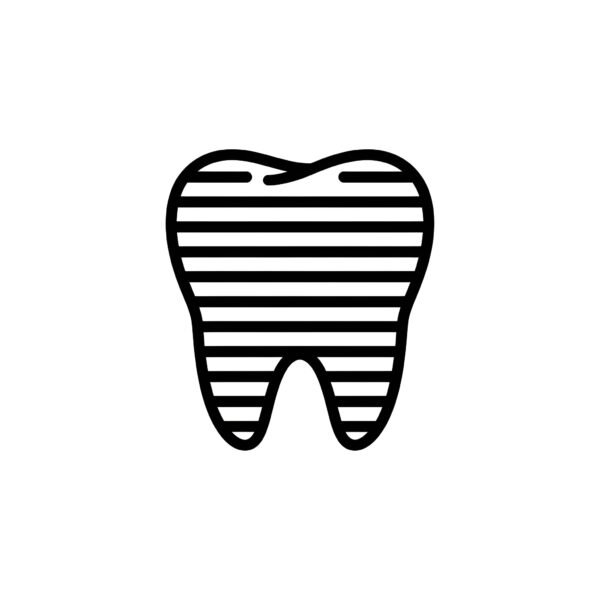 B&W Flat vector style tooth icon, minimalist dental health design, isolated on white.
