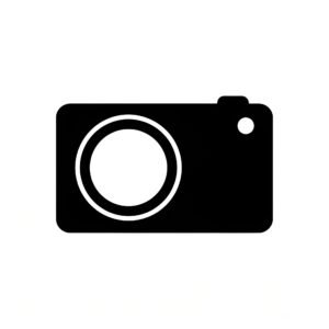 Black and white vector flat camera icon in simple minimalist style representing photography