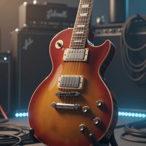 Electric guitar resting on stand in music studio with blurred background for professional atmosphere