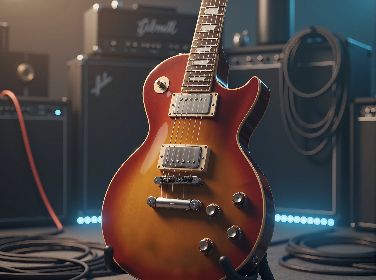 Electric guitar resting on stand in music studio with blurred background for professional atmosphere