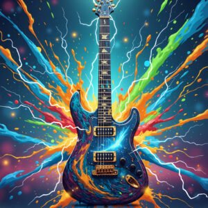 Vibrant colorful splash art illustration of electric guitar with dynamic artistic energy