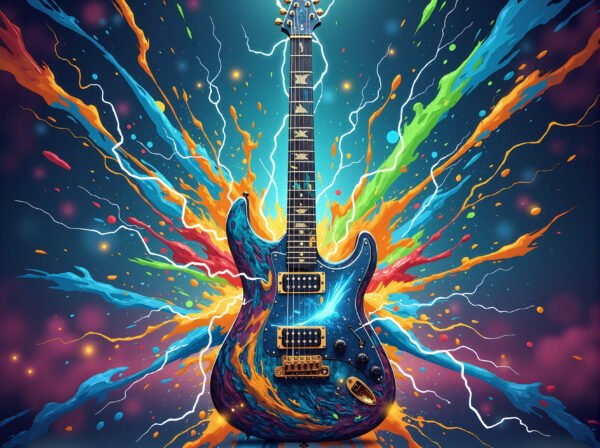 Vibrant colorful splash art illustration of electric guitar with dynamic artistic energy