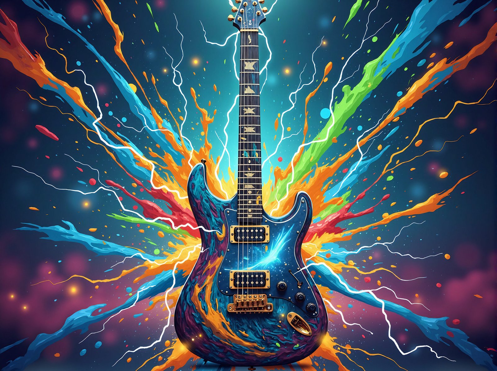 Vibrant colorful splash art illustration of electric guitar with dynamic artistic energy