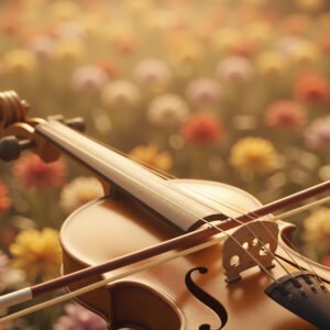 Violin close-up with blurred floral background, warm tones, elegant and soft lighting