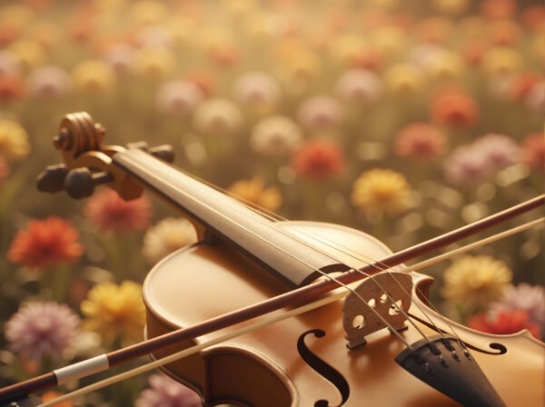 Violin close-up with blurred floral background, warm tones, elegant and soft lighting