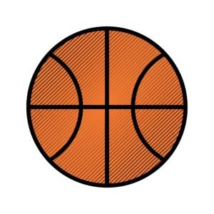 Flat vector basketball icon with diagonal hatched shading and bold black outline on white background