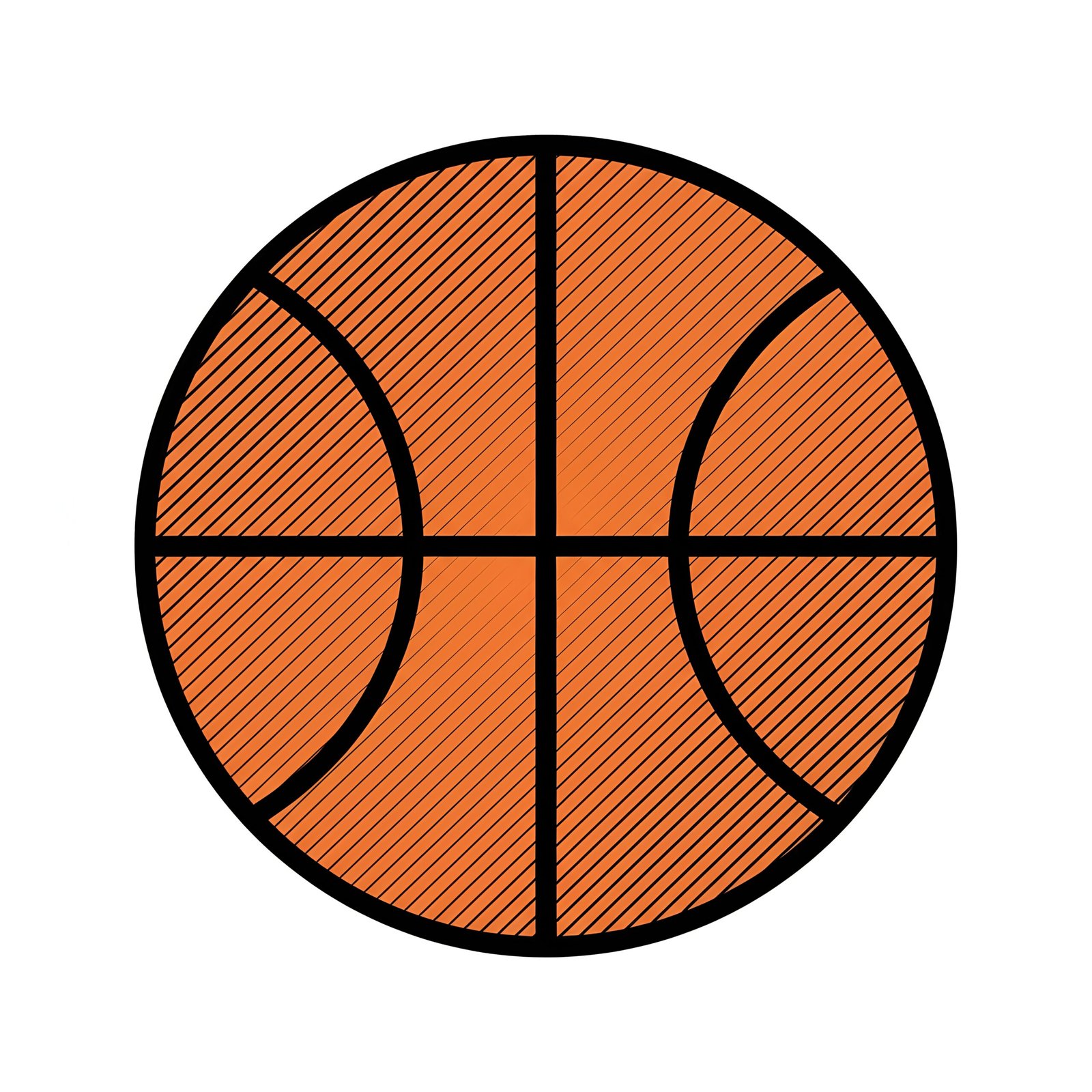 Flat vector basketball icon with diagonal hatched shading and bold black outline on white background