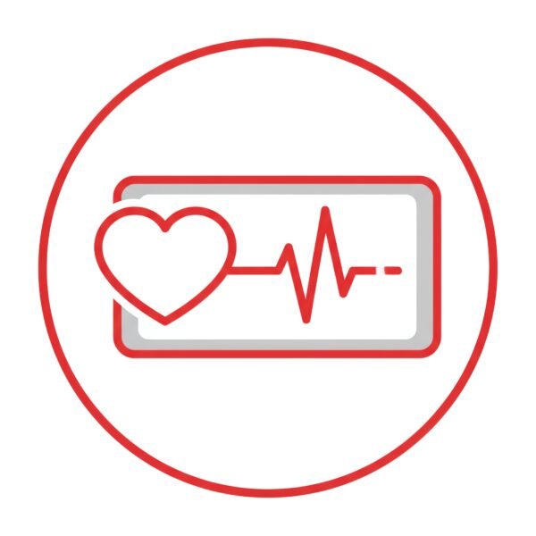 Flat vector heart rate monitor icon, heartbeat line inside, red and gray, isolated on white, perfect for sports, cardio and medical apps and websites