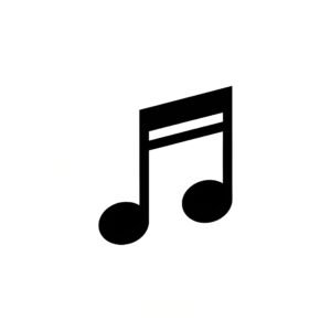 Flat vector icon of a black music note, bold lines, multimedia design, isolated on white.