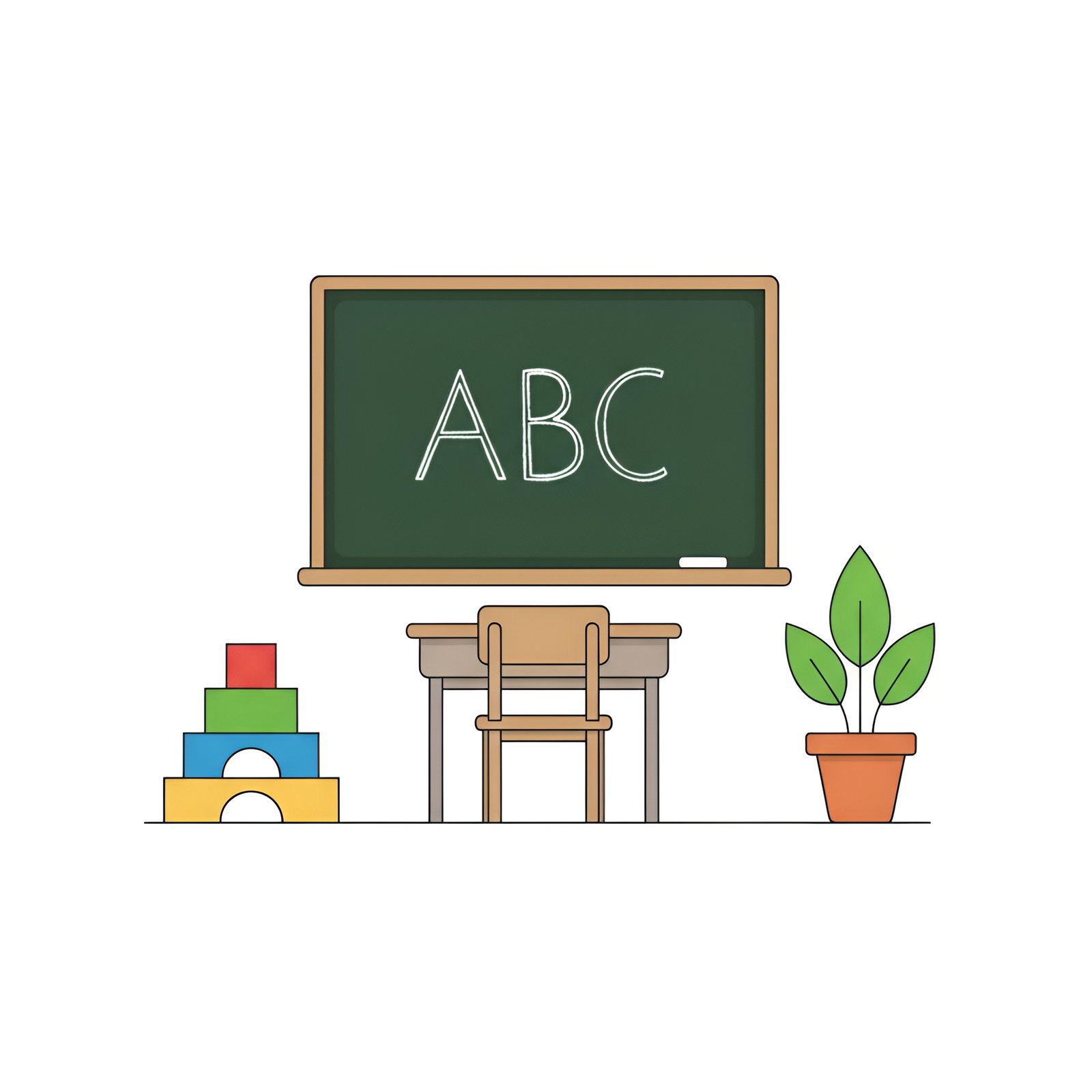 Minimalist classroom design with clean white background showing educational furniture and simple layout