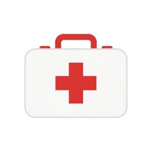 Flat vector first aid kit icon with prominent red cross representing emergency medical care and safety
