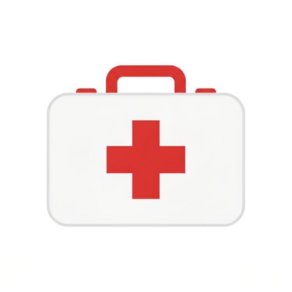 Flat vector first aid kit icon with prominent red cross representing emergency medical care and safety