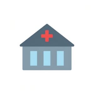 Flat vector icon of a hospital building with a red cross symbol on top, minimalist style, isolated on white.