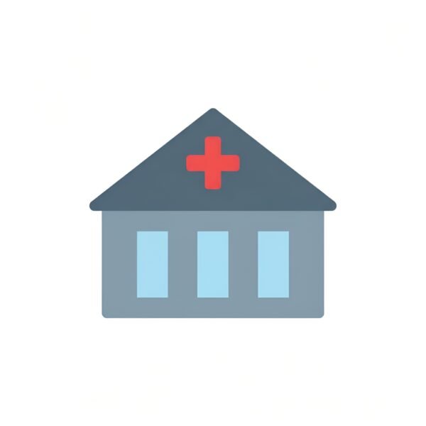 Flat vector icon of a hospital building with a red cross symbol on top, minimalist style, isolated on white.