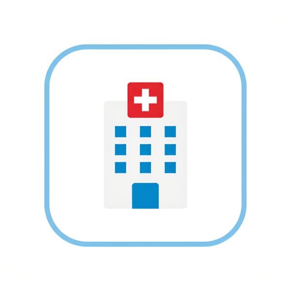 Hospital building icon with red cross symbol on top representing medical facility and healthcare services