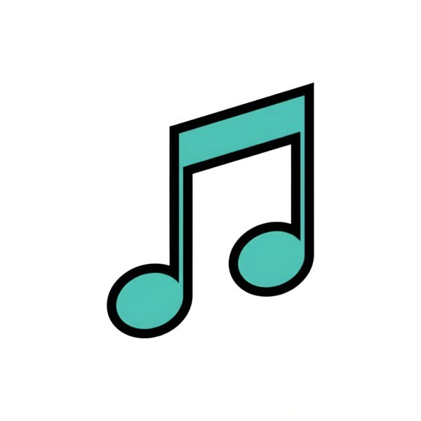 Flat vector icon of a music note, bold lines, multimedia design, isolated on solid background.