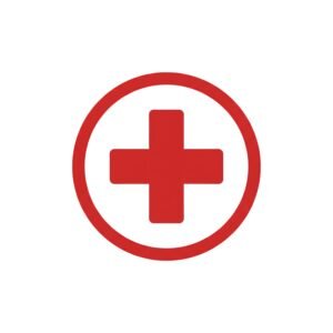 Flat vector icon of bold red cross symbol inside circle for medical and emergency use