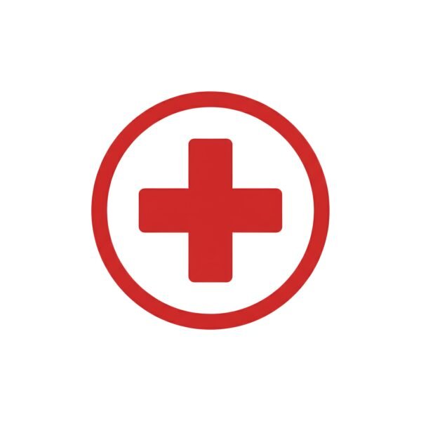 Flat vector icon of bold red cross symbol inside circle for medical and emergency use