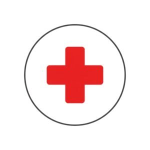 Flat vector icon of red cross symbol inside circle for medical and healthcare use