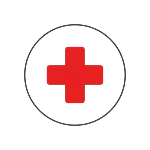 Flat vector icon of red cross symbol inside circle for medical and healthcare use