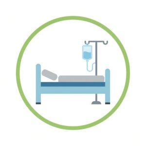 Flat vector hospital bed with IV drip stand icon representing inpatient medical care and treatment