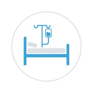 Flat vector hospital bed icon with IV drip stand representing patient care and medical treatment