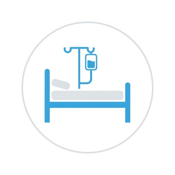 Flat vector hospital bed icon with IV drip stand representing patient care and medical treatment
