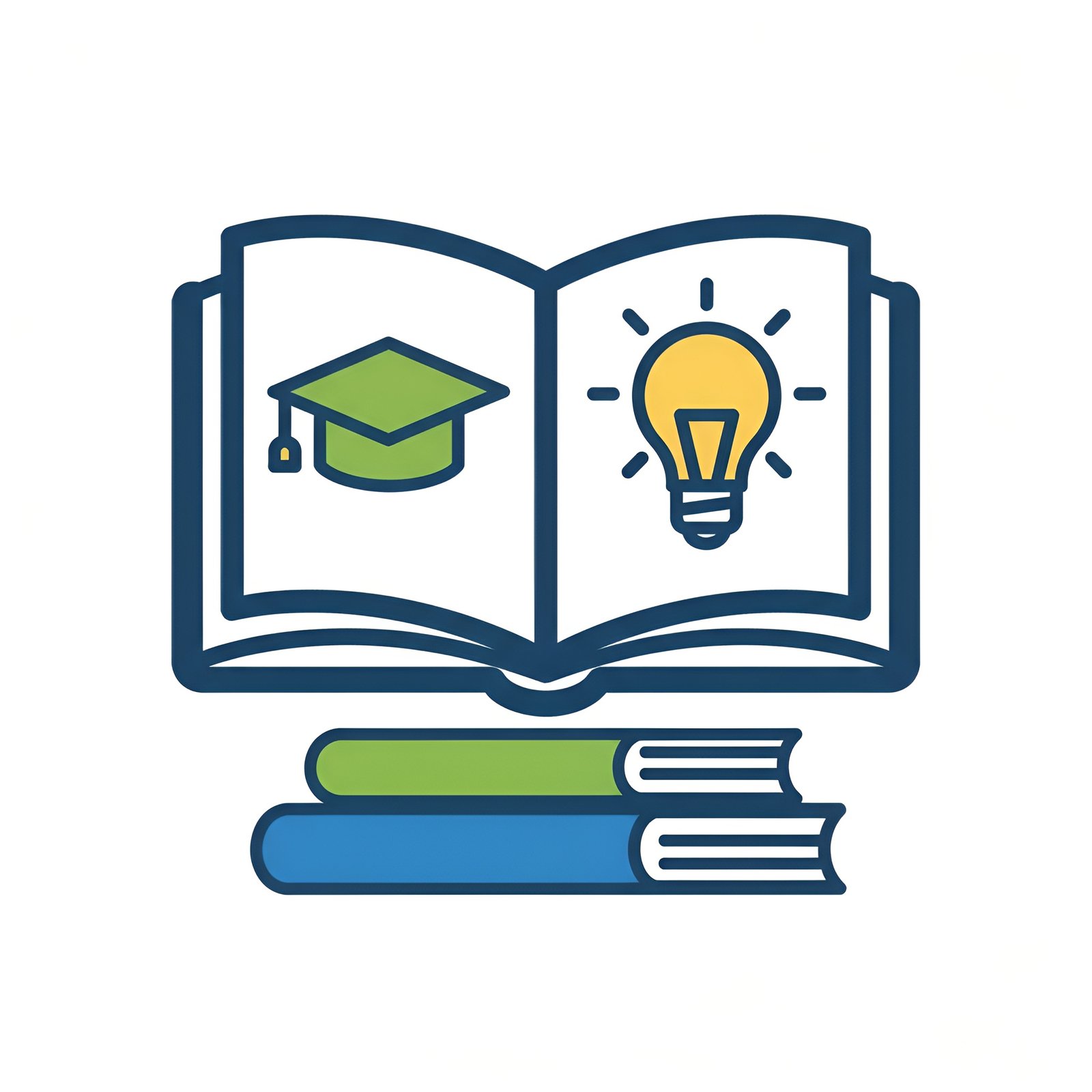 Open book icon showing graduation cap and light bulb, with two stacked books underneath