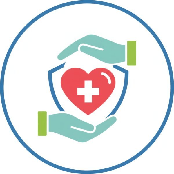 Flat vector style icon of hands holding a heart with a cross, healthcare protection theme, isolated on white.