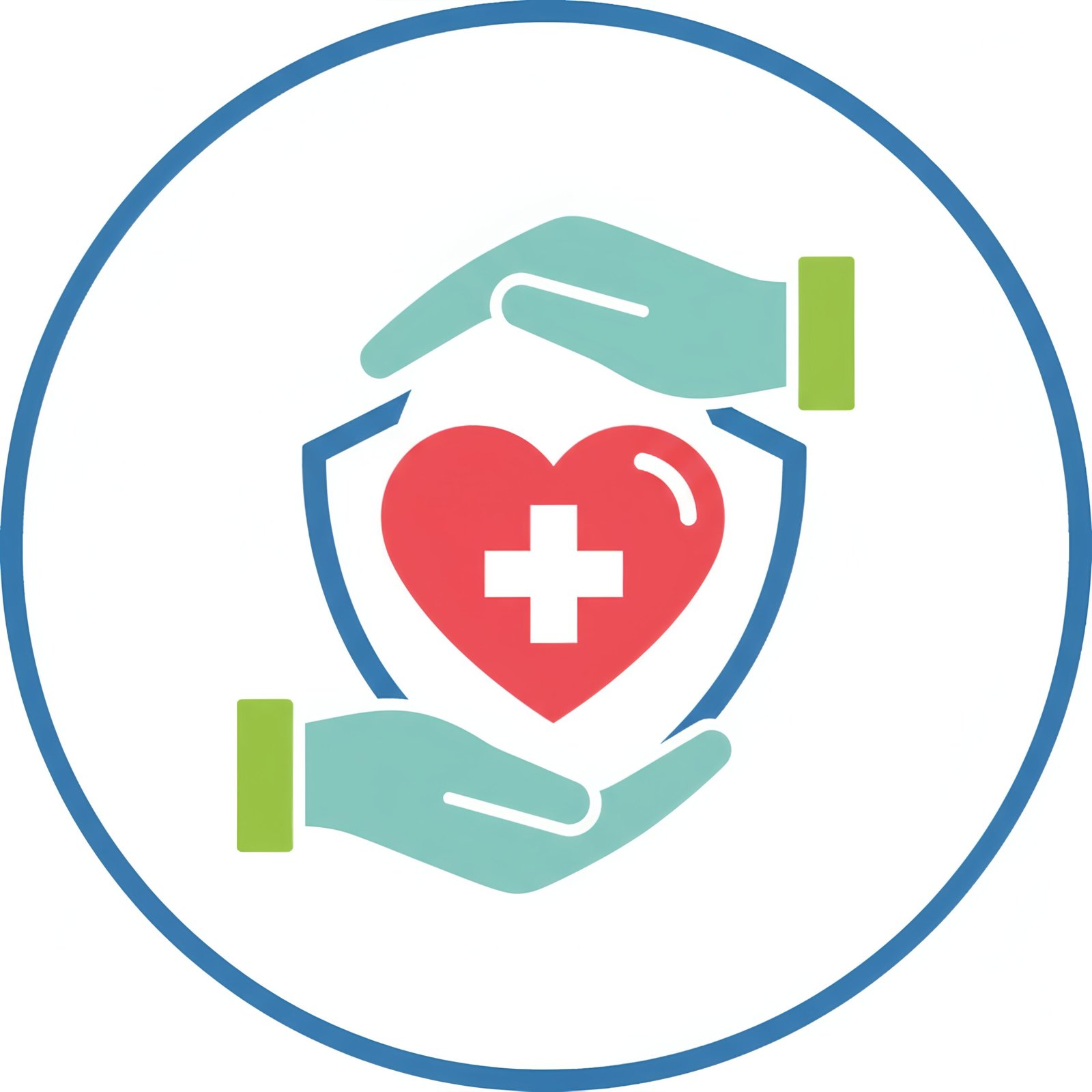Flat vector style icon of hands holding a heart with a cross, healthcare protection theme, isolated on white.