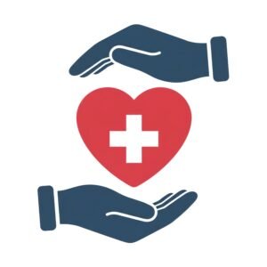 Flat hands holding a heart with a cross icon—symbolizing care, health, and charity graphic