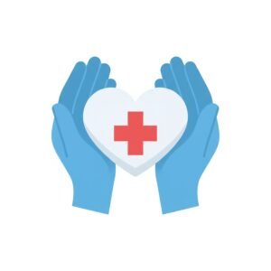 Flat icon of hands holding heart with medical cross representing healthcare compassion and charity