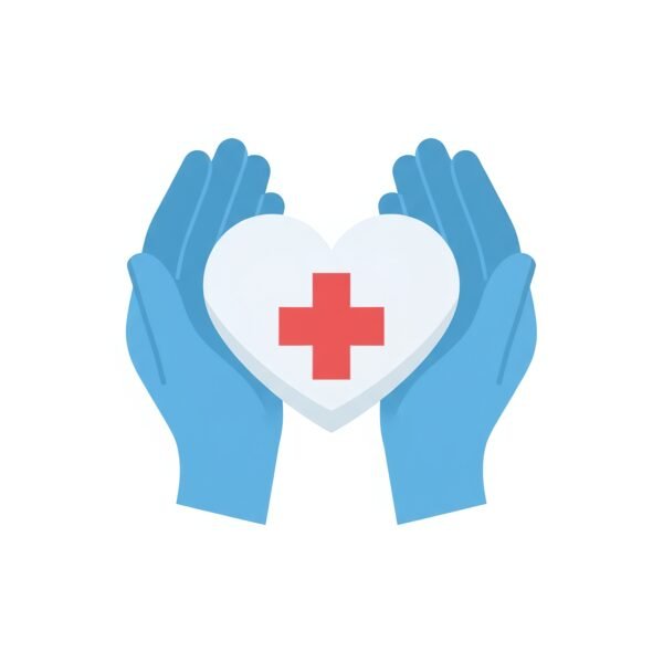 Flat icon of hands holding heart with medical cross representing healthcare compassion and charity
