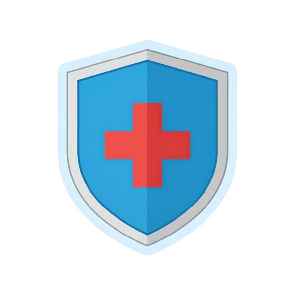 Flat vector style shield with a medical cross, symbol of health protection, isolated on white.