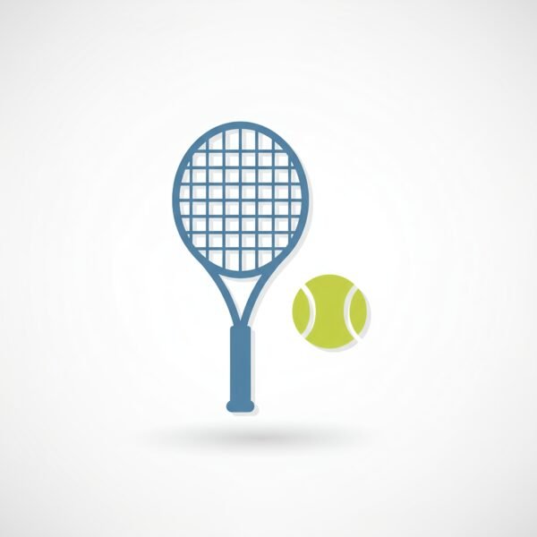 Minimal flat vector tennis racket and ball icon in simple line art style representing tennis sport
