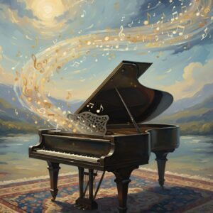 Oil painting artwork of piano with flowing musical notes in classical artistic style