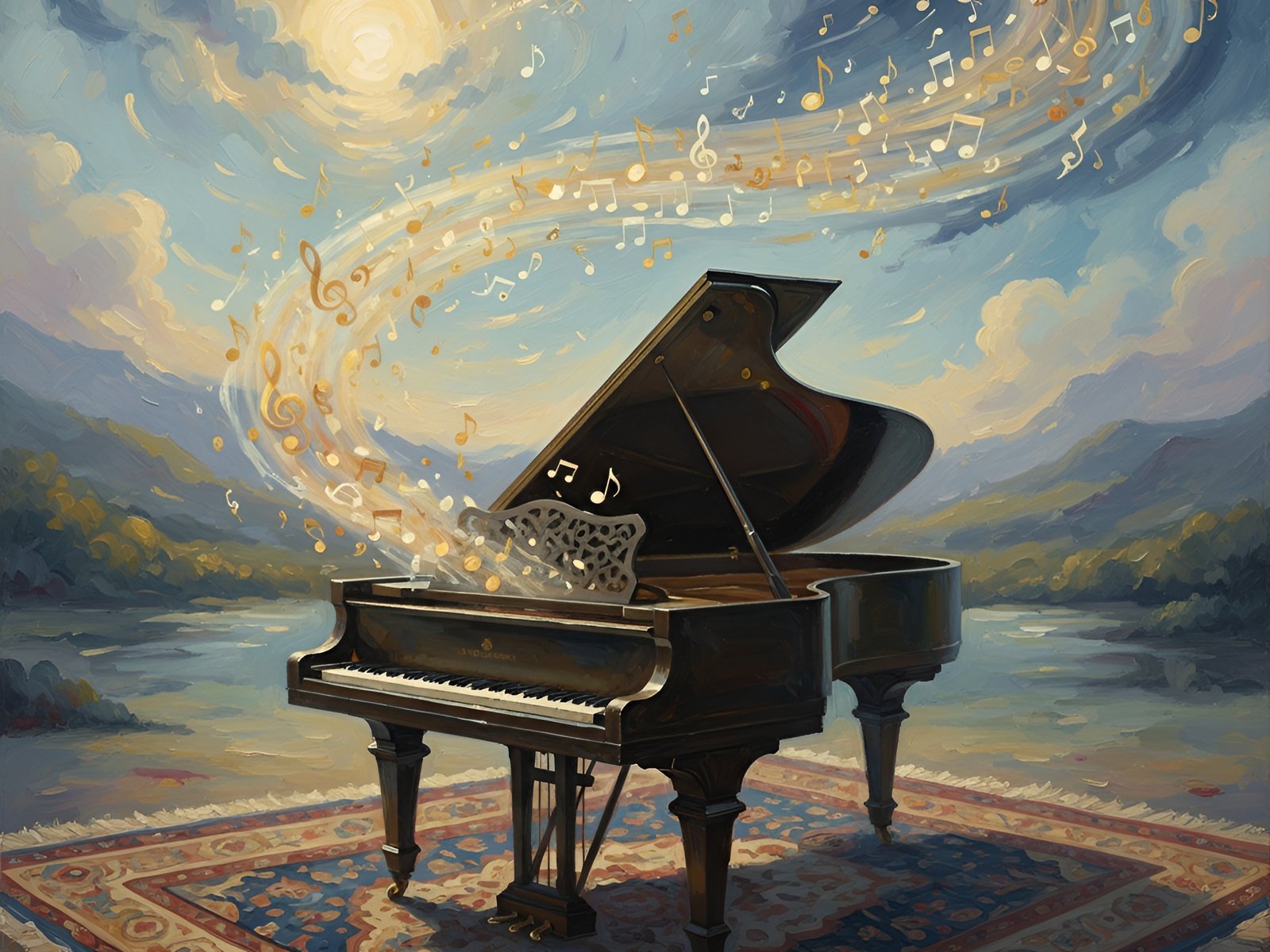 Oil painting artwork of piano with flowing musical notes in classical artistic style