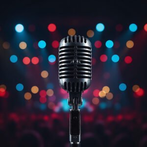 Microphone in focus with blurred concert stage lights creating live performance atmosphere and energy