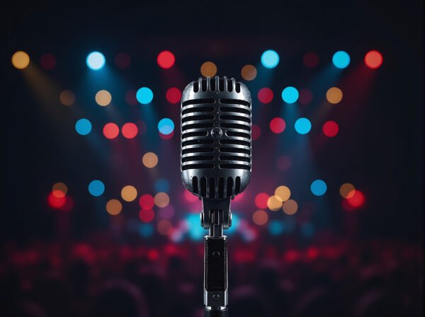 Microphone in focus with blurred concert stage lights creating live performance atmosphere and energy