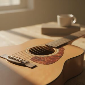 Acoustic guitar close-up resting on rustic wooden table in natural lighting
