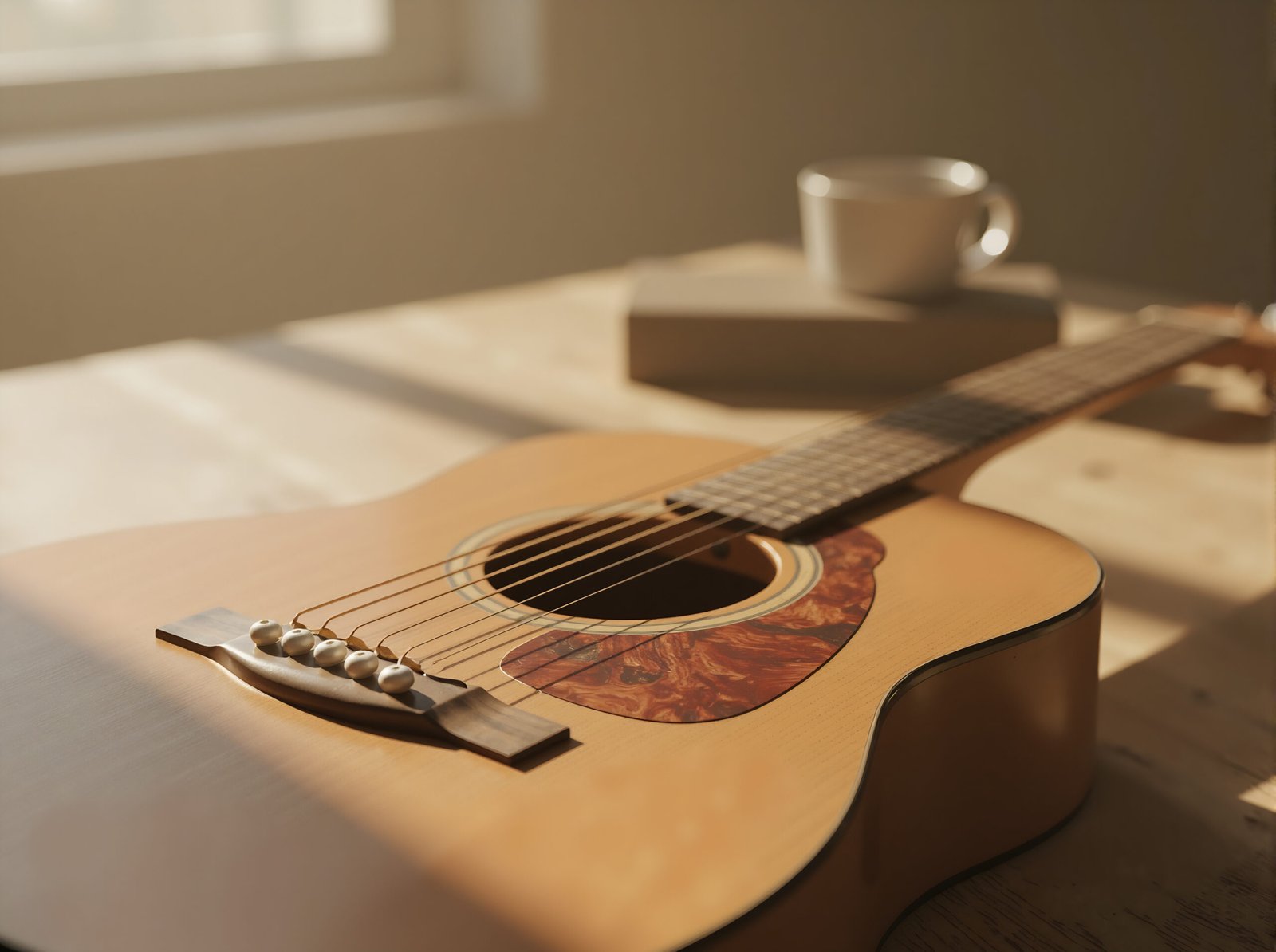 Acoustic guitar close-up resting on rustic wooden table in natural lighting