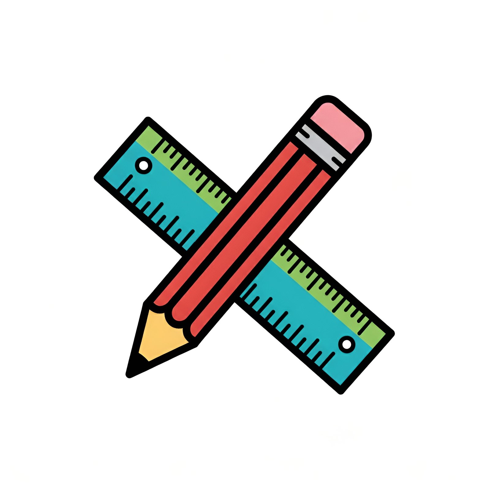 vibrant colors Flat vector icon of a pencil and ruler crossing each other, simple education theme, isolated on white.