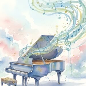 Watercolor painting of a grand piano in soft tones—ideal for music, art, and decor visuals