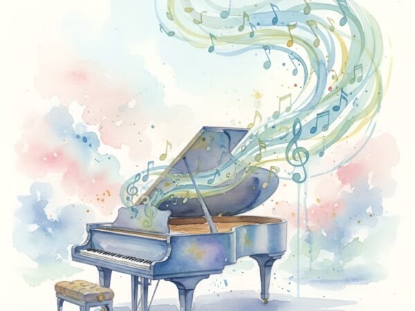 Watercolor painting of a grand piano in soft tones—ideal for music, art, and decor visuals