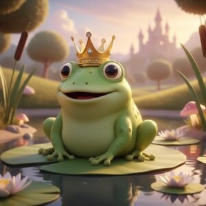 3d cartoon frog with crown sitting by pond cute fairytale character soft lighting and smooth textures