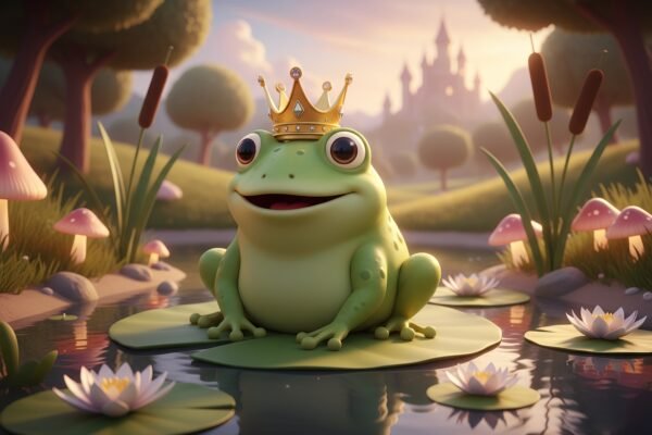 3d cartoon frog with crown sitting by pond cute fairytale character soft lighting and smooth textures