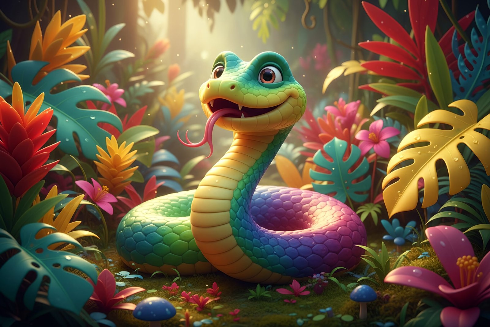 3d cartoon snake in jungle setting playful pose with tongue sticking out soft lighting and colorful foliage