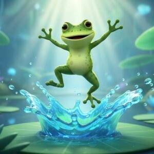 3D frog character jumping in mid air with water splash below