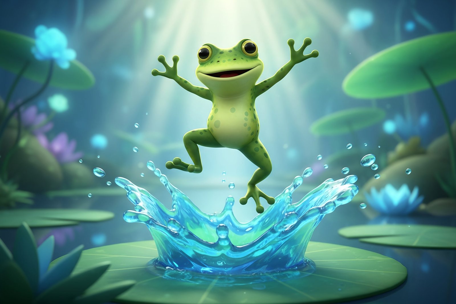 3D frog character jumping in mid air with water splash below