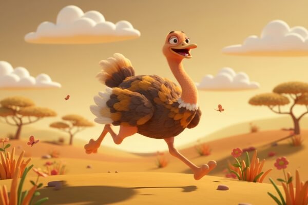 3D ostrich running in savanna with joyful expression